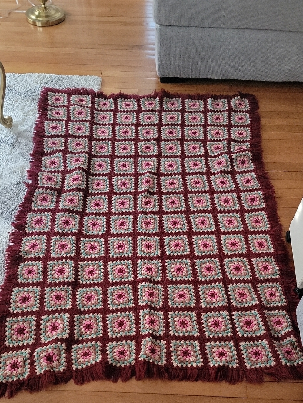 Handmade Crochet Granny Square Blanket - Burgundy, Pink, Cream